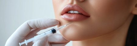 A woman is having hyaluronic acid injected into her lips, enhancing their volume while improving skin texture in a clinical environment.の素材