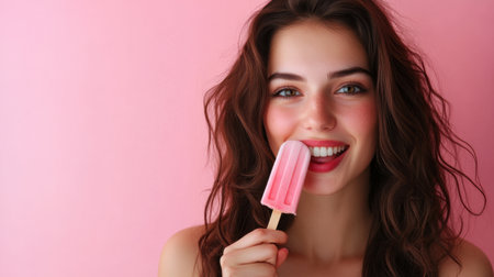 The young woman licks a pink popsicle, her joyful smile brightening the soft pink backdrop, perfect for a summer day.の素材