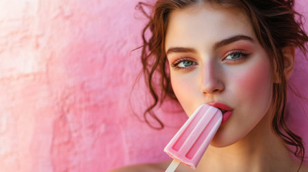 A young woman licks a popsicle, savoring its flavor while leaning against a cheerful pink wall, enjoying a warm sunny afternoon.の素材