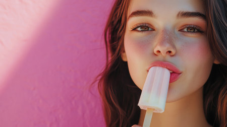 A young woman licks a refreshing popsicle on a stick, savoring the sweet treat while standing in front of a bright pink wall.の素材