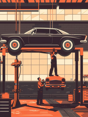 A mechanic works beneath a raised classic car, focused on repairs, in a well-lit garage filled with tools and equipment.の素材