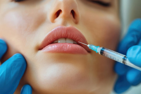 A skilled practitioner administers a hyaluronic acid injection to enhance the lips of a woman undergoing skin rejuvenation treatment.の素材