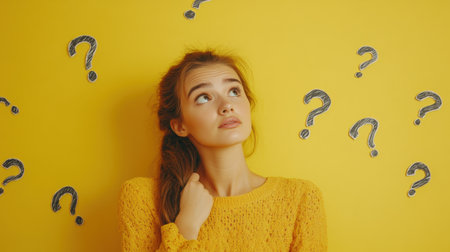 A young woman appears puzzled while glancing upward, surrounded by colorful question marks on a vibrant yellow background.の素材