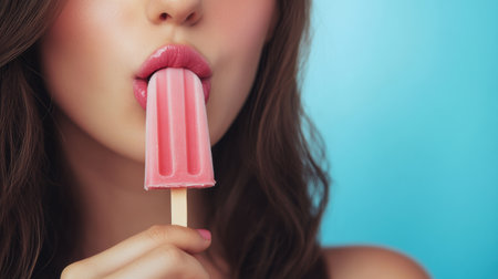 A young woman with brown hair licks a vibrant popsicle on a stick, clearly enjoying the refreshing treat against a blue backdrop.の素材