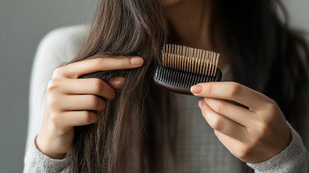 A stressed woman holds a comb, inspecting hair strands as she faces hair loss concerns in her cozy home environment.の素材
