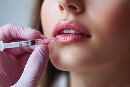 A skilled professional administers a hyaluronic acid injection to enhance the woman's lips and rejuvenate her skin.の素材