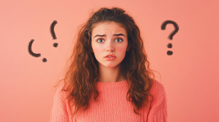 A young woman with curly hair expresses confusion, surrounded by question marks on a soft pink wall, creating a playful atmosphere.の素材