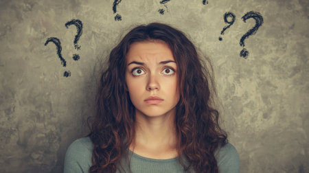 The young woman appears puzzled and introspective, surrounded by question marks, conveying a sense of uncertainty and curiosity.の素材