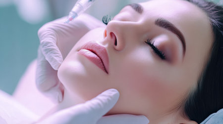 A woman is receiving a hyaluronic acid injection to enhance her lips and rejuvenate her skin in a professional clinic setting.の素材
