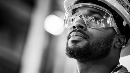 A construction worker focused on his task, wearing a hard hat and safety glasses, ensuring project safety during daylight hours.の素材