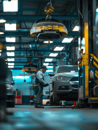 A skilled mechanic inspects a car lifted on a hoist in a busy auto repair shop, focusing on essential repairs and maintenance tasks.の素材