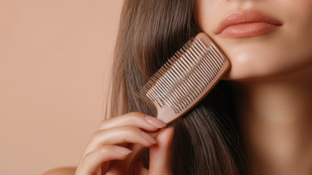 A woman at home examines her hair with a comb, visibly stressed about hair loss and its impact on her self-esteem and confidence.の素材