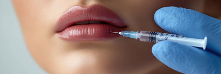 A skilled professional administers a hyaluronic acid injection to enhance the lips of a woman in a serene clinical environment.の素材