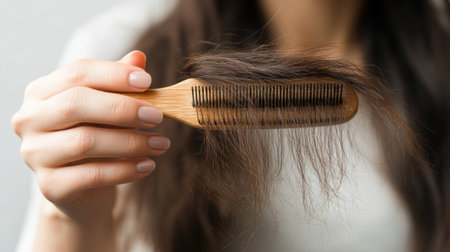 A woman with distressed expression holds a comb displaying loose hair, reflecting her worry about increasing hair loss and stress.の素材