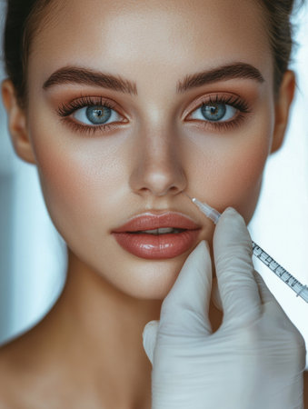 A beautiful woman receives a hyaluronic acid injection to enhance her lips and rejuvenate her skin, showcasing a delicate procedure.の素材