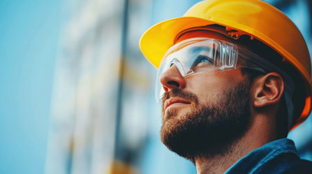 A construction worker wearing a hard hat and safety glasses closely monitors activities at a busy work site under bright skies.の素材