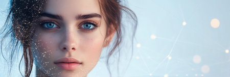 A captivating young woman gazes directly at the viewer, surrounded by a digital landscape of interconnected data and glowing elements.の素材