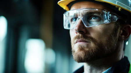 A construction worker is focused on site activities, wearing safety glasses and a hard hat, ensuring a secure work environment.の素材