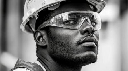 A construction worker is focused on his task, wearing safety glasses and a hard hat, showing dedication and professionalism at the job site.の素材