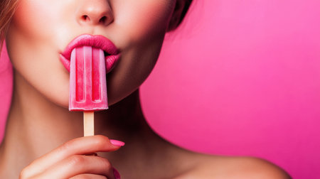 A young woman indulges in a popsicle, playfully licking it while surrounded by a bright pink backdrop, capturing a fun, carefree moment.の素材