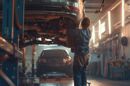 A dedicated mechanic examines the undercarriage of a vehicle raised on a hoist in a busy automotive workshop filled with tools.の素材