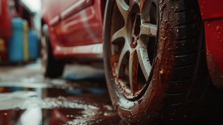 A car tire is being changed in a garage, highlighting the muddy condition of the tire due to rain, with tools scattered around.の素材