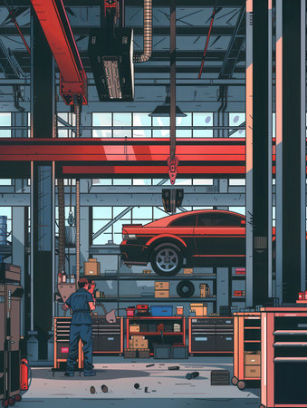 The mechanic inspects the underside of a vehicle lifted high on a hoist, surrounded by organized workbench tools and bright lighting.の素材