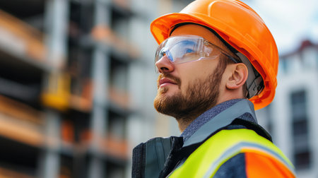 A construction worker wearing safety glasses and a hard hat evaluates the work site, ensuring safety and progress during construction.の素材