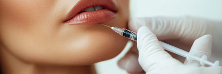 A beautiful woman is receiving a hyaluronic acid injection to enhance her lips, showing a skincare treatment in progress.の素材