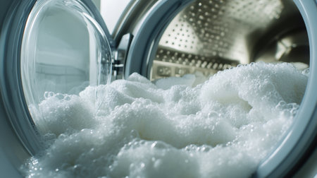 Bubbles overflow from the washing machine drum, where white towels are being cleaned in a laundry load with detergent.の素材