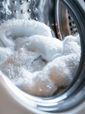 A washing machine drum is packed with fluffy white towels, bubbling with detergent as they soak in warm water.の素材