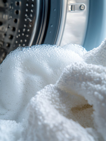 A close-up shot reveals a washing machine drum filled with fluffy white towels, showcasing bubbles and cleanliness in action.の素材