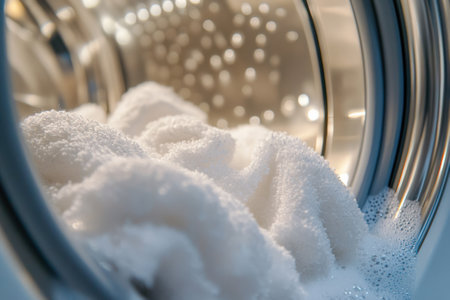 A washing machine drum is filled with fluffy white towels, currently soaking in soapy water, preparing for a thorough cleaning cycle.の素材