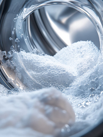 The washing machine drum is packed with white towels soaking in soapy water, indicating a laundry cycle in progress.の素材