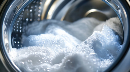 A washing machine drum is filled with bubbly water and white towels during a laundry cycle, showing cleanliness and freshness.の素材