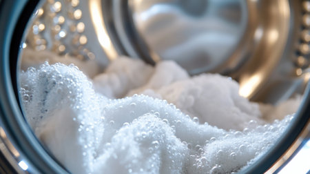 A washing machine drum is packed with soft white towels soaking in water as they undergo a wash cycle, creating a bubbly texture.の素材