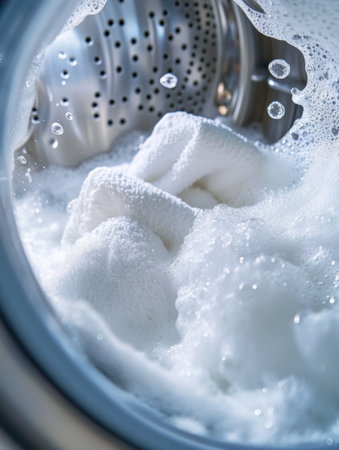 A washing machine drum is filled with white towels soaked in soapy water, illustrating the cleaning process of laundry in action.の素材