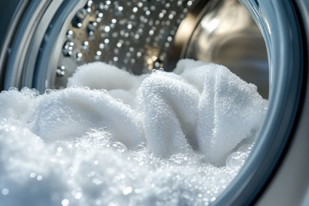The washing machine drum showcases a pile of white towels surrounded by bubbles during a cleaning cycle at home.の素材