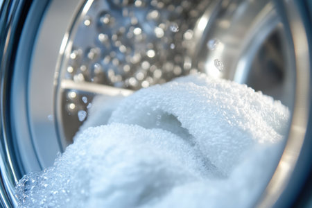 The interior of a washing machine drum showcases white towels swirling with bubbles, highlighting a thorough wash process.の素材