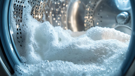 A washing machine drum shows a frothy mix with fluffy white towels being washed, highlighting the fresh laundry process.の素材