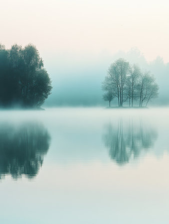 Morning light casts a soft glow over a tranquil lake, enveloped in mist, with trees mirrored in the still waters creating a serene atmosphere.の素材