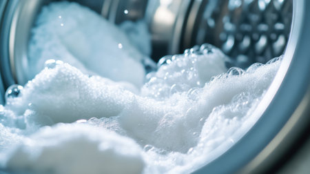 The washing machine drum is filled with white towels and soap bubbles, showcasing a laundry process in action with cleanliness in focus.の素材