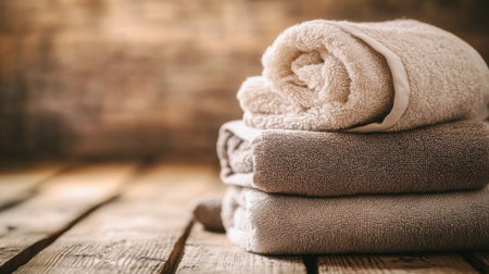 Plush towels are arranged in a neat pile on a rustic wooden table, enhancing a warm and relaxing ambiance in a space.の素材