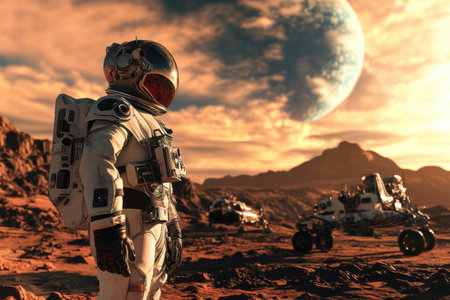 An astronaut stands alone on the Martian surface, surrounded by rugged terrain and futuristic rovers, under a dramatic sky.の素材