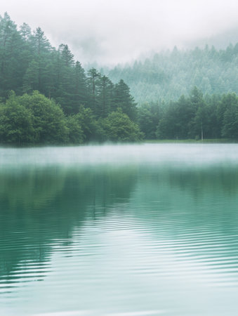 The still waters of a quiet lake reflect the surrounding greenery, while a soft mist blankets the area, creating a tranquil atmosphere.の素材