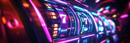 A row of vibrant slot machines features glowing reels and a central jackpot symbol amidst the excitement of a lively casino.の素材