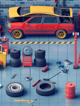 A garage filled with tools as an individual changes the tires of a red and yellow vehicle during daylight hours.の素材