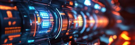 A vibrant array of futuristic slot machines features bright lights, spinning reels, and a prominently glowing jackpot symbol, inviting players.の素材