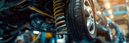 A mechanic works diligently underneath a car elevated by a hoist, focusing on maintenance tasks in a busy auto repair shop.の素材