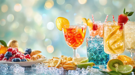 Refreshing cocktails with vibrant fruits and snacks are beautifully arranged on a table, perfect for a lively gathering in summer.の素材